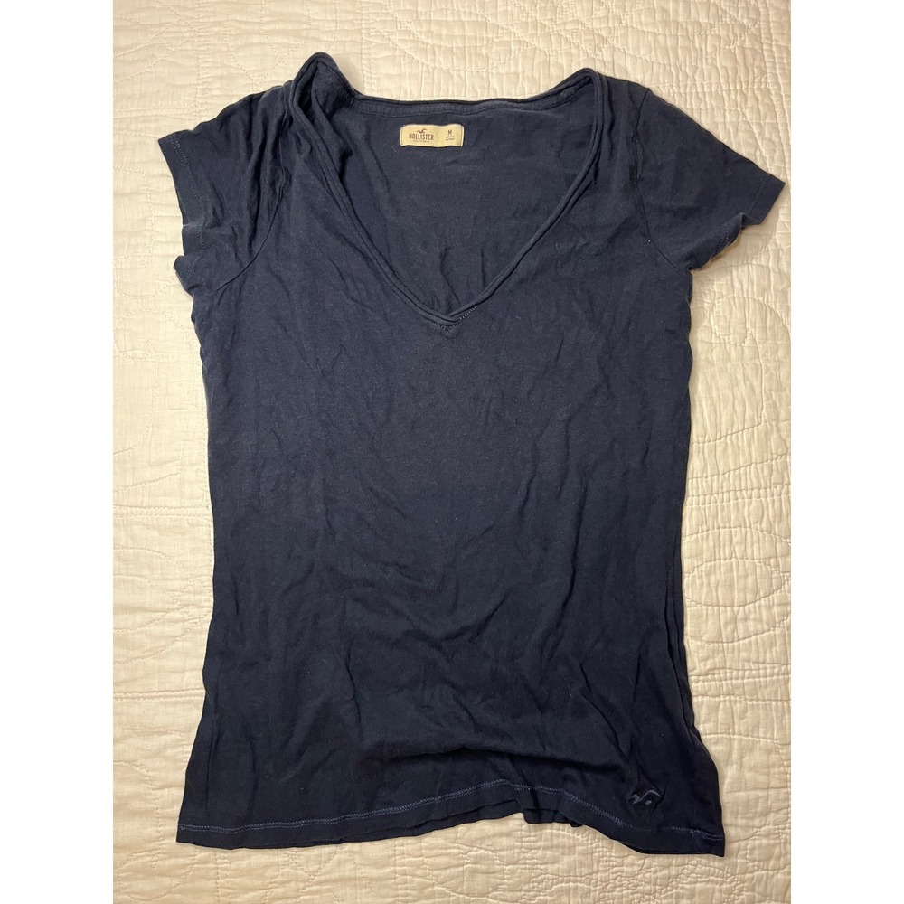 Y2K Hollister California Women's Navy Blue V-Neck Short Sleeve T-Shirt Size M